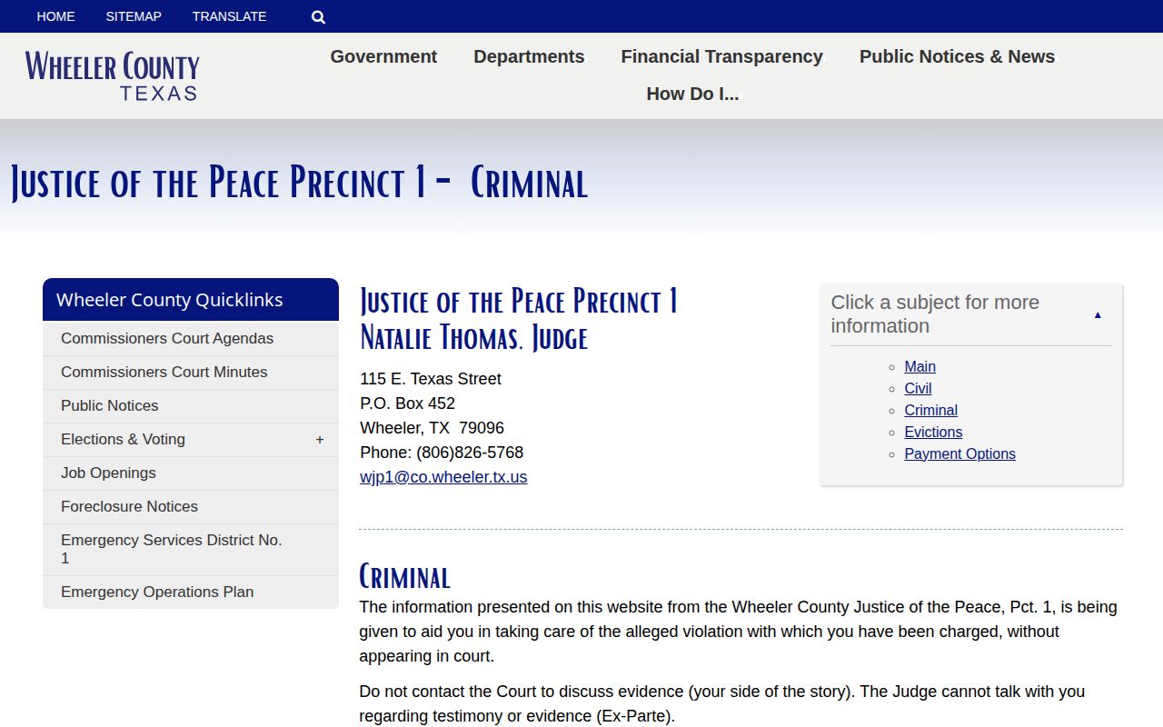 Wheeler County court disposition information after a booking record