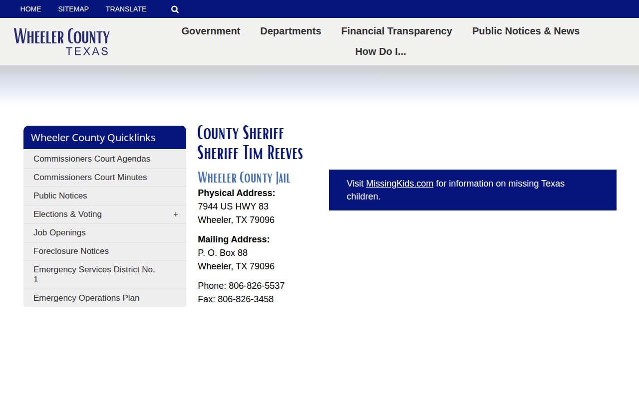 Wheeler County Jail official sheriff contact for booking records