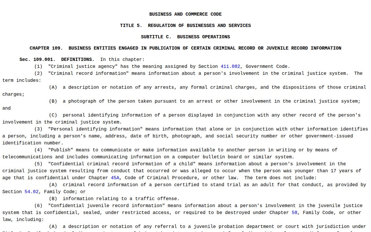 Texas mugshot publication law for Wheeler County booking record corrections